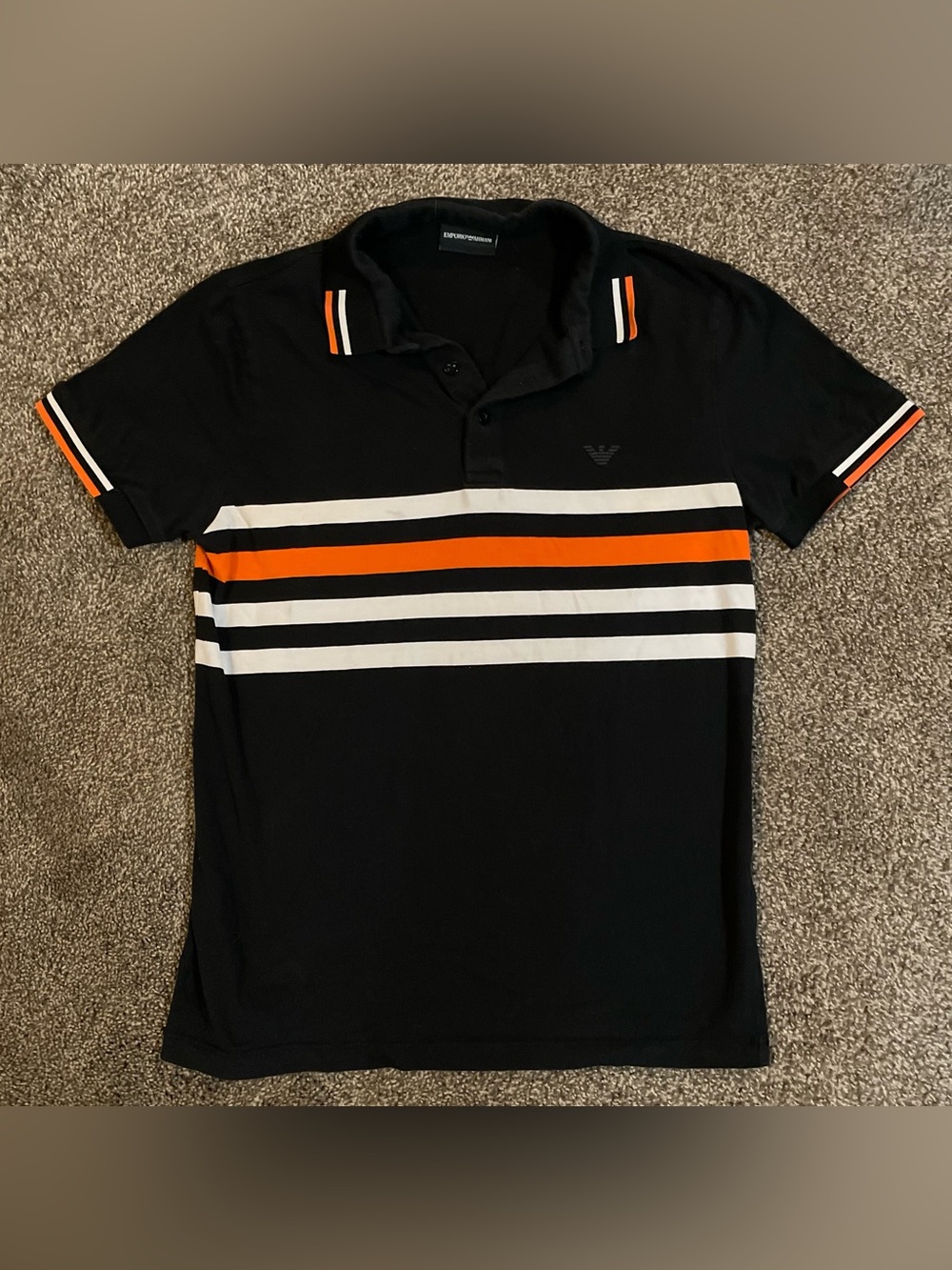 Emporio Armani Black Polo with Orange and White Stripes